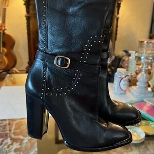 Rachel Zoe boots golden metal in heels , black leather size7.5